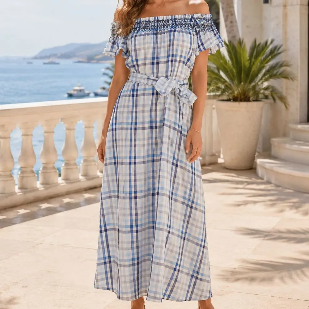 The Great. Plaid Printed Long Maxi Dress Ruffle Off The Shoulder Cotton S 282162